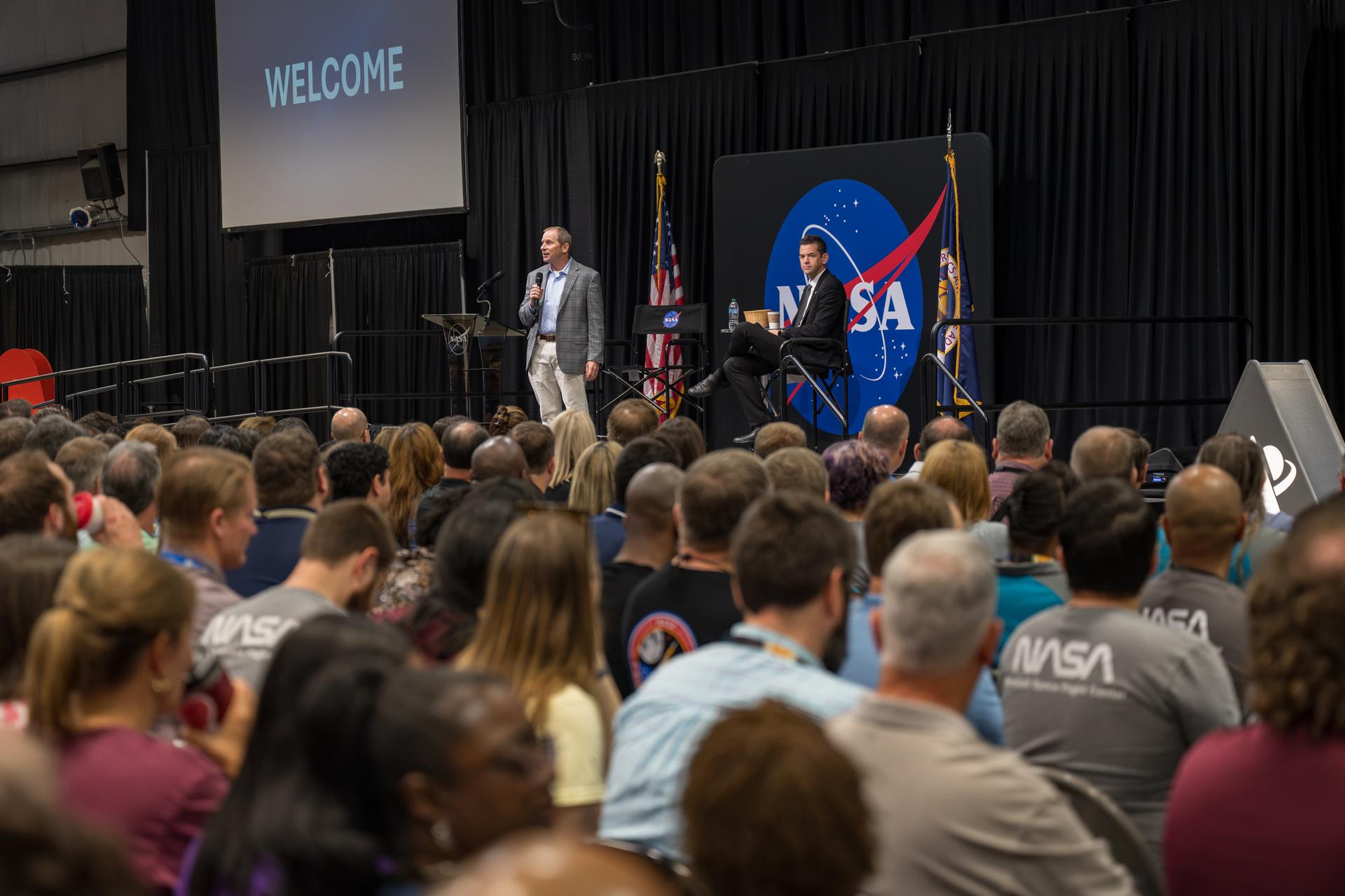 NASA Administrator Jared Isaacman visited Marshall Space Flight Center in Huntsville, Alabama, on Friday, Sept. 18, 2026. The administrator hosted an all-hands for Marshall team members, joined by Marshall Associate Director Roger Baird, and answered questions from the workforce.